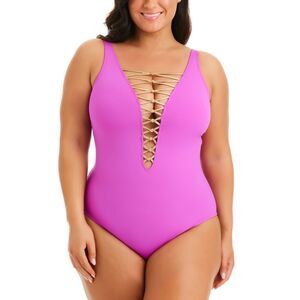 Kore One Piece High Neck‎ Lace Down Swimsuit, Plus Size 20W